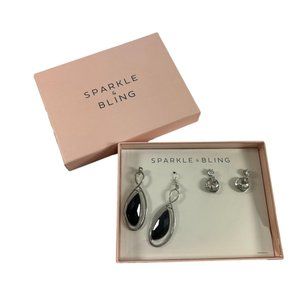 Sparkle & Bling Set 2 Earrings Dangle Black Silver Tone Rhinestones 3" 1" New